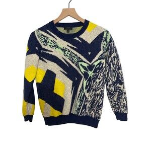 J. Crew Multi Blue and Yellow crewneck Abstract Intarsia Knit Sweater Women's S
